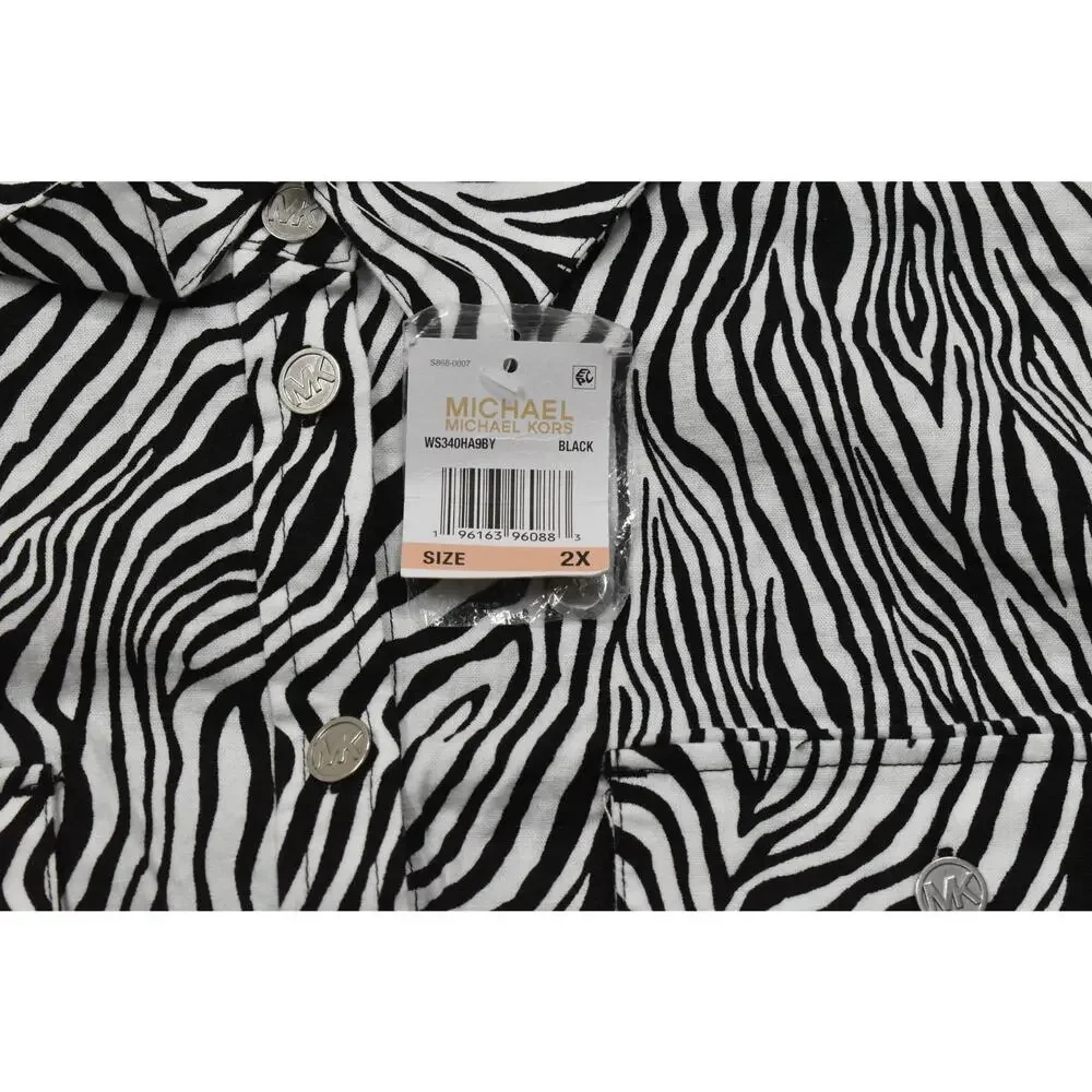 Michael Kors Women's 2X Zebra Print Linen Viscose Button Up Blouse Long Sleeve B